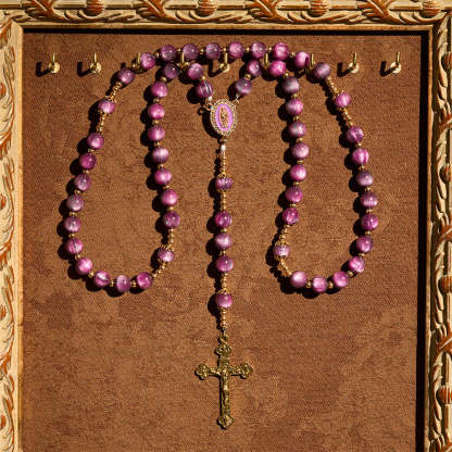  Canvas-Style Shimmery Purple Rosary with Our Lady Gilded Faith Devotion