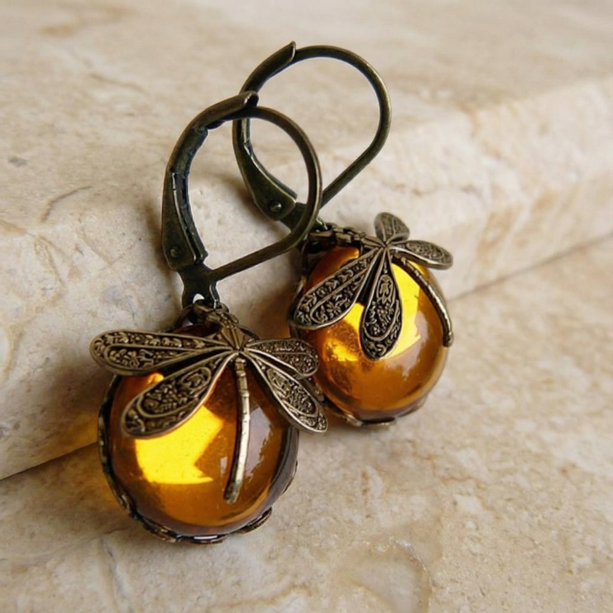 Spherical Dragonfly Earrings in Antique Gold