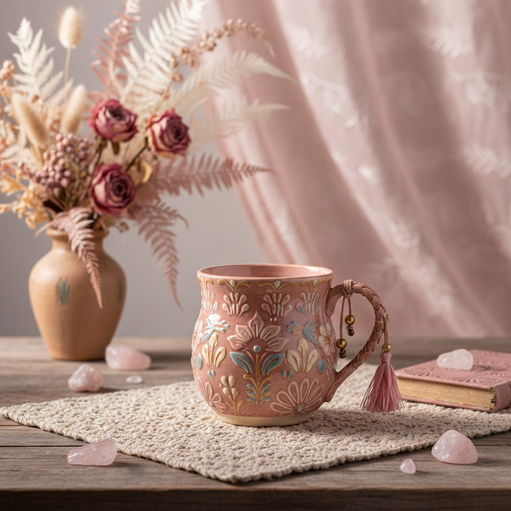 Exotic Floral Relief Pink Mug with Tassel Handle