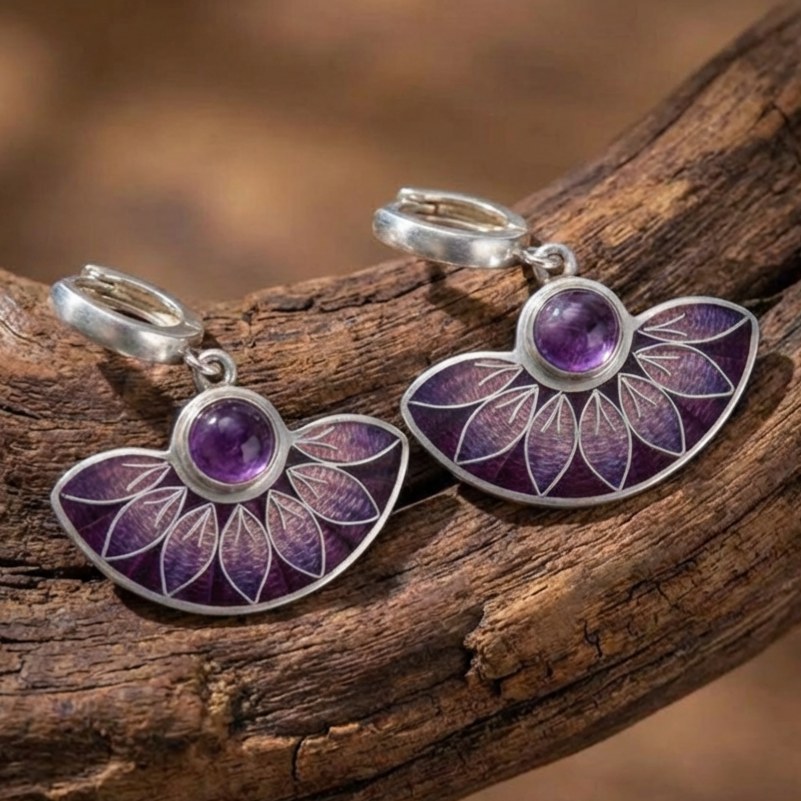 Purple Boho Mandala earrings in silver