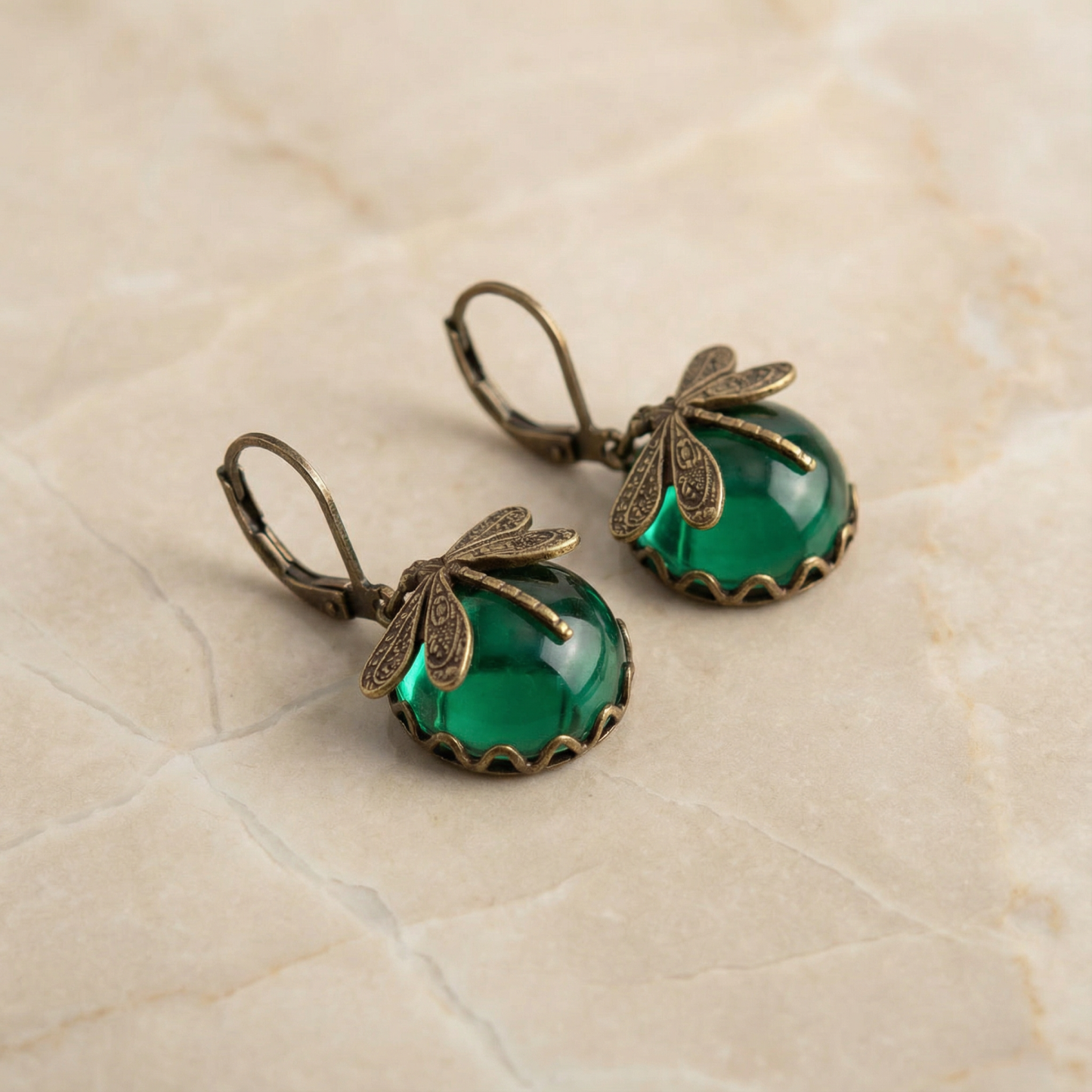 Spherical Dragonfly Earrings in Antique Gold