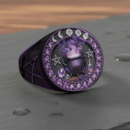 Witchy Vintage Purple Cauldron Crystal Magic Pentagram Signet Ring