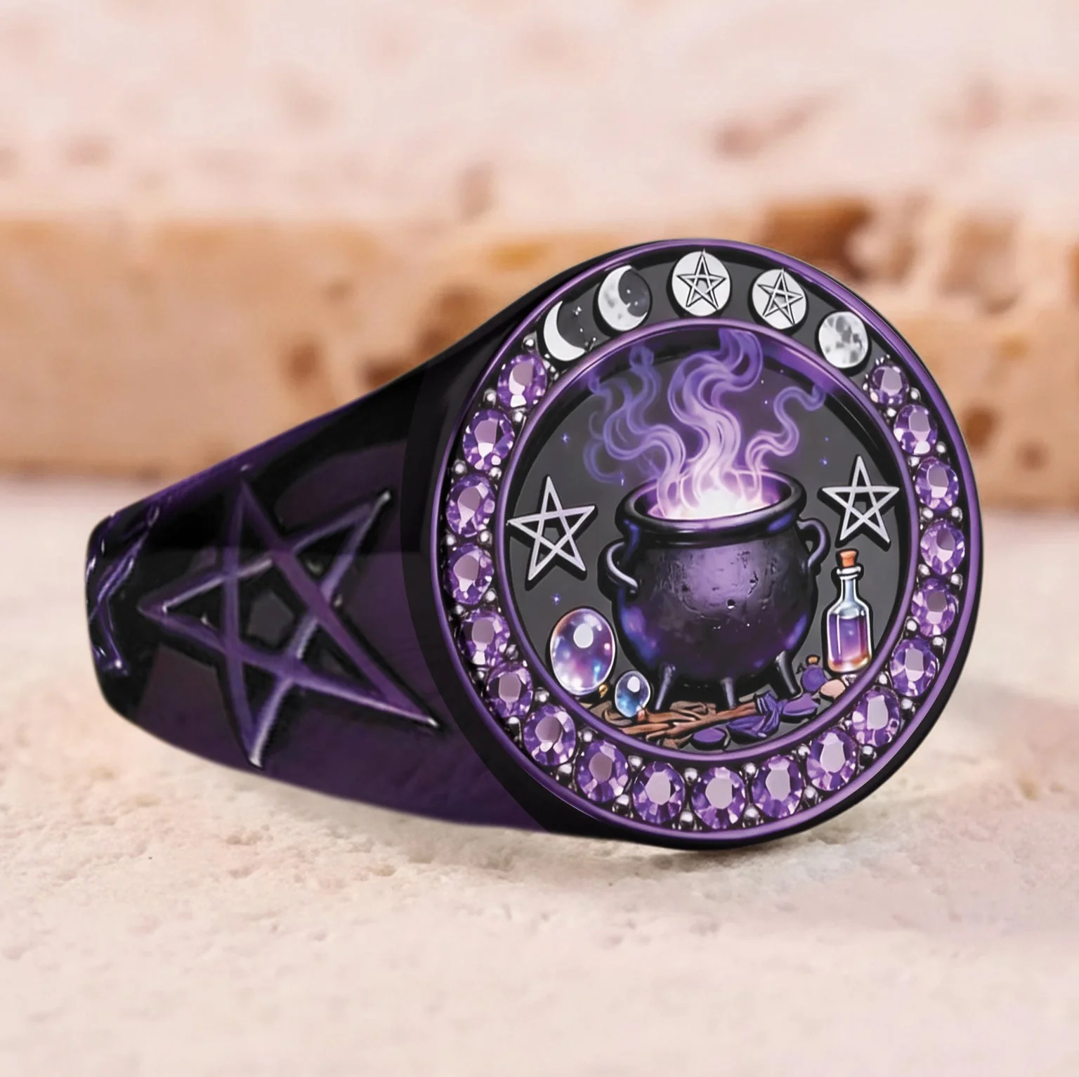 Witchy Vintage Purple Cauldron Crystal Magic Pentagram Signet Ring
