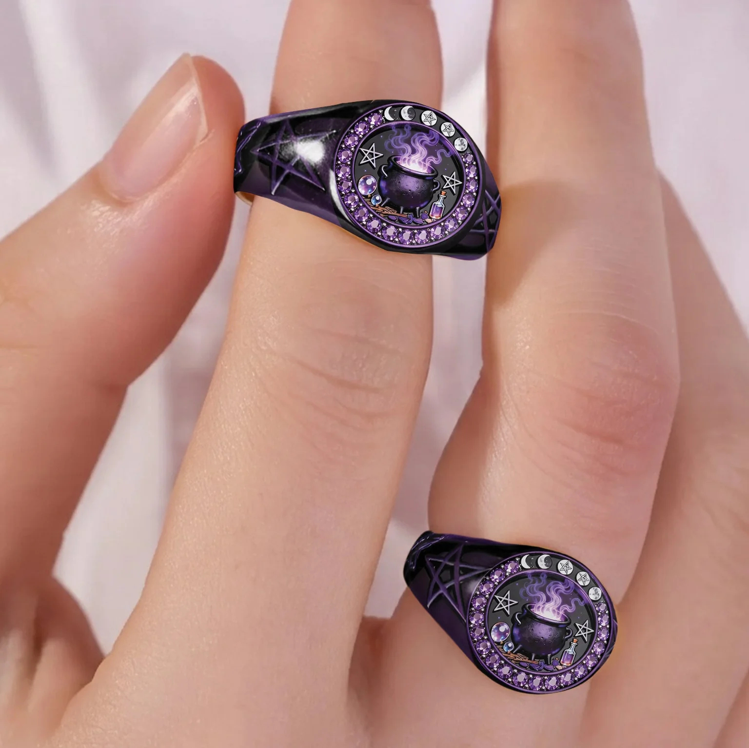 Witchy Vintage Purple Cauldron Crystal Magic Pentagram Signet Ring