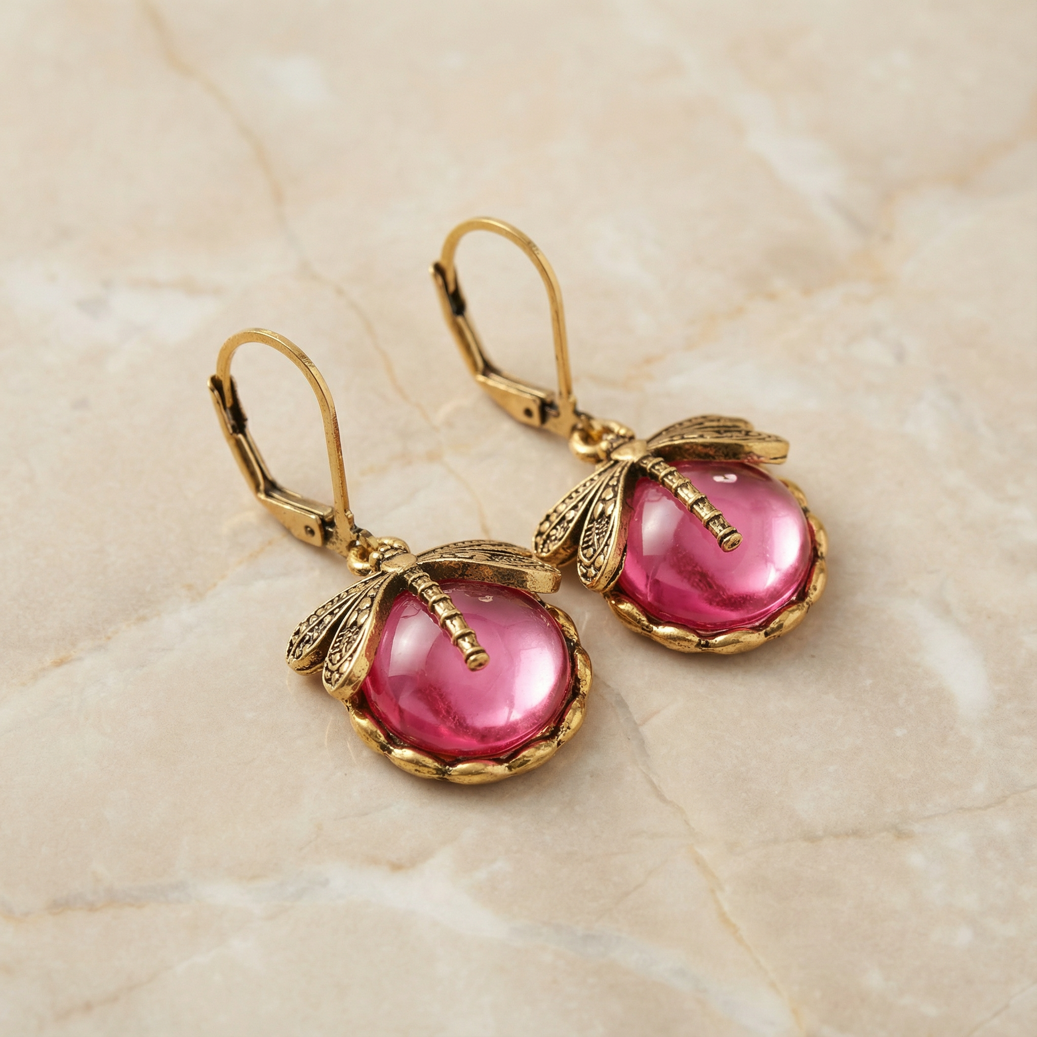 Spherical Dragonfly Earrings in Antique Gold