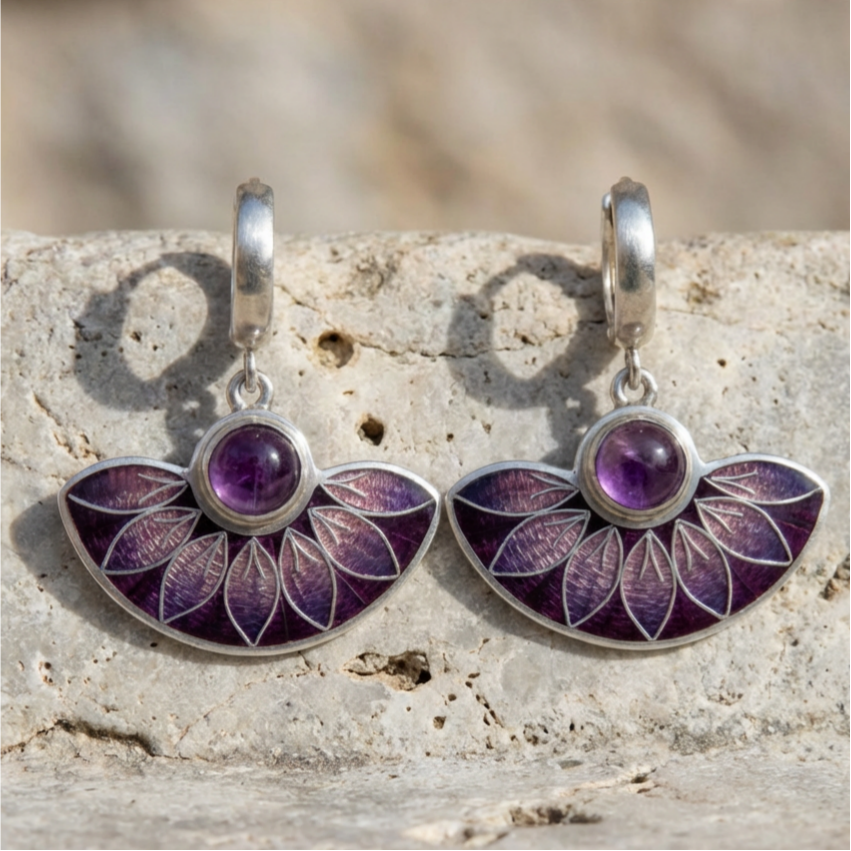 Purple Boho Mandala earrings in silver