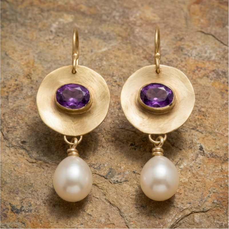 Vintage Golden Purple Zirconia Pearl Earrings
