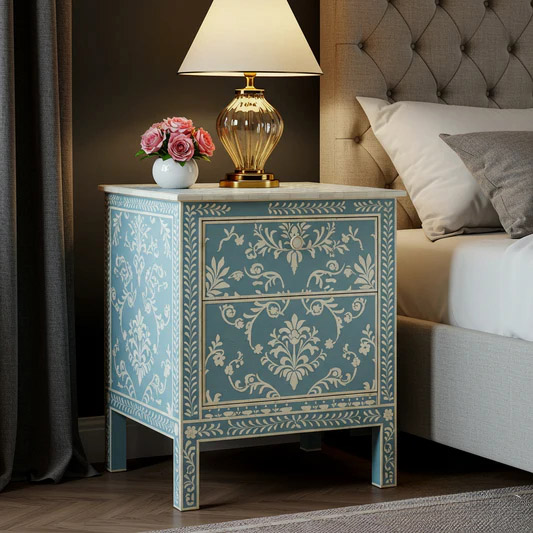 Vintage Blue Floral Pattern Bedside Table | Luxury Handmade Bedside Table