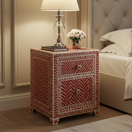 Red Patterned Wooden Bedside Cabinet | Luxury Handmade Bedside Table