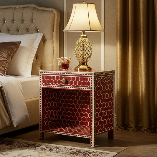 Red Geometric Patterned Wooden Nightstand with Drawer | Luxury Handmade Bedside Table