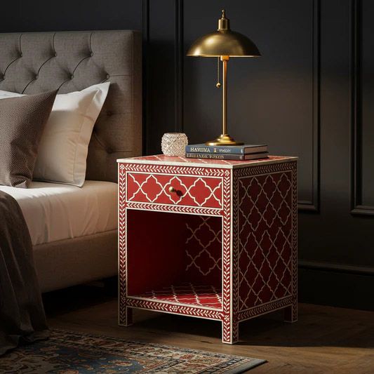 Red and White Patterned Bedside Table with Single Drawer | Luxury Handmade Bedside Table
