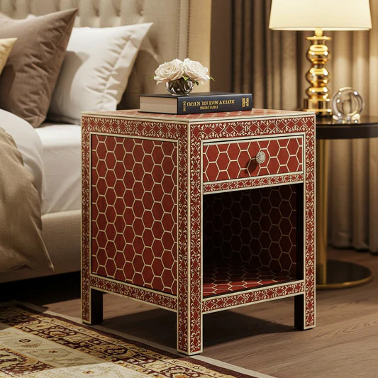 Red and Gold Patterned Bedside Table with Drawer and Open Shelf | Luxury Handmade Bedside Table