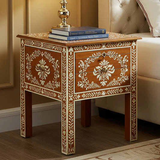 Ornate Wooden Bedside Table with Inlay Design | Luxury Handmade Bedside Table
