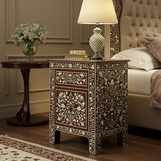 Ornate Inlaid Wooden Bedside Table | Luxury Handmade Bedside Table