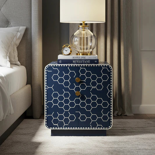 Navy Blue Geometric Patterned Nightstand | Luxury Handmade Bedside Table
