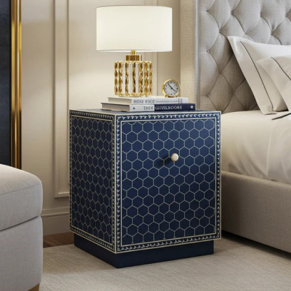 Navy Blue Geometric Pattern Nightstand | Luxury Handmade Bedside Table