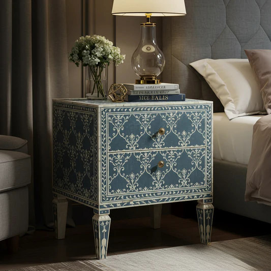 Vintage Blue Patterned Two-Drawer Nightstand | Luxury Handmade Bedside Table