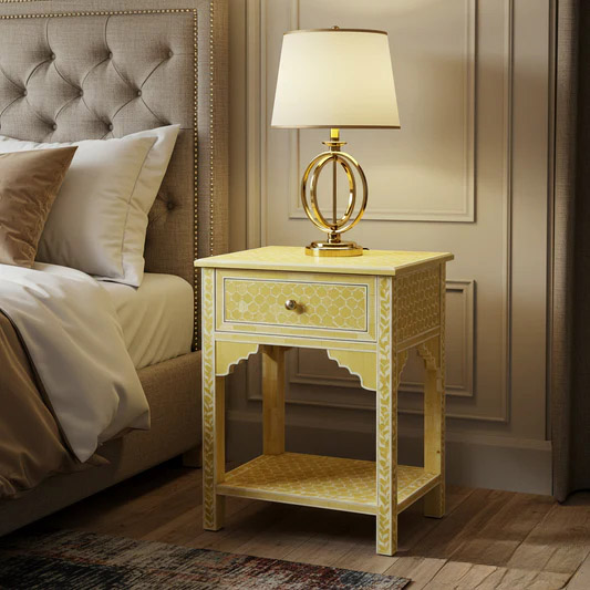 Yellow Patterned Wooden Bedside Table with Single Drawer | Luxury Handmade Bedside Table