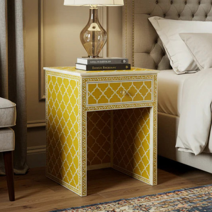 Yellow Patterned Bedside Table with Drawer | Luxury Handmade Bedside Table