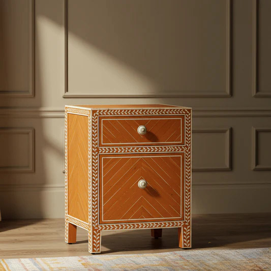 Wooden Side Table with Decorative Inlay | Luxury Handmade Bedside Table