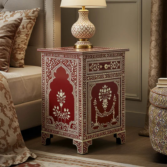 Vintage Red Floral Inlay Bedside Table | Luxury Handmade Bedside Table