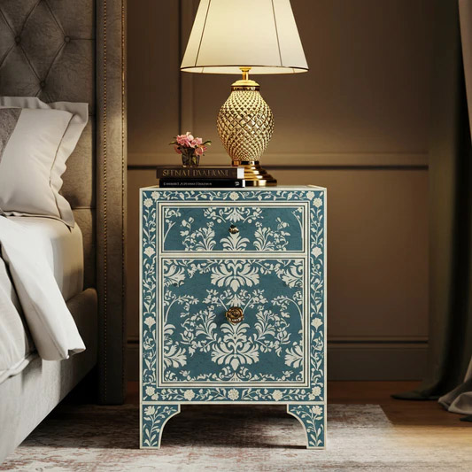 Vintage Floral Patterned Blue Nightstand | Luxury Handmade Bedside Table
