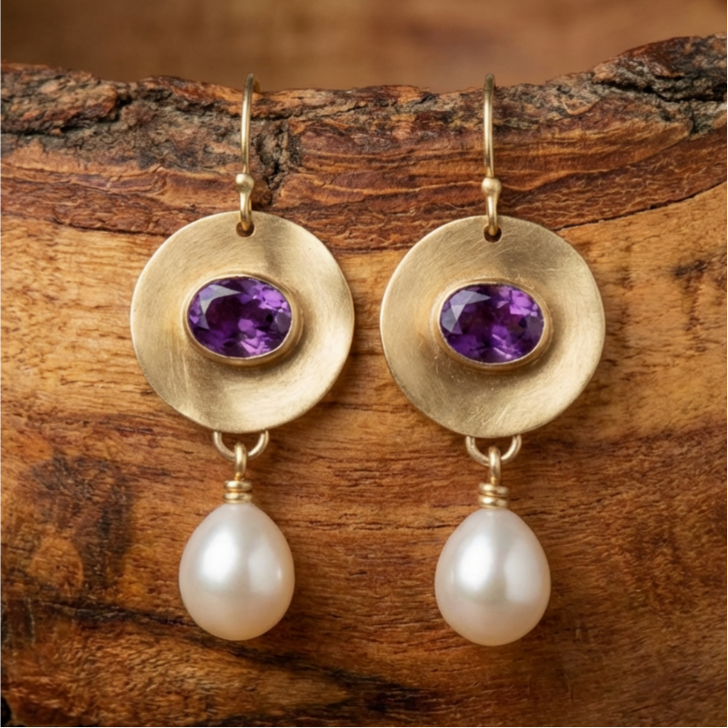 Vintage Golden Purple Zirconia Pearl Earrings