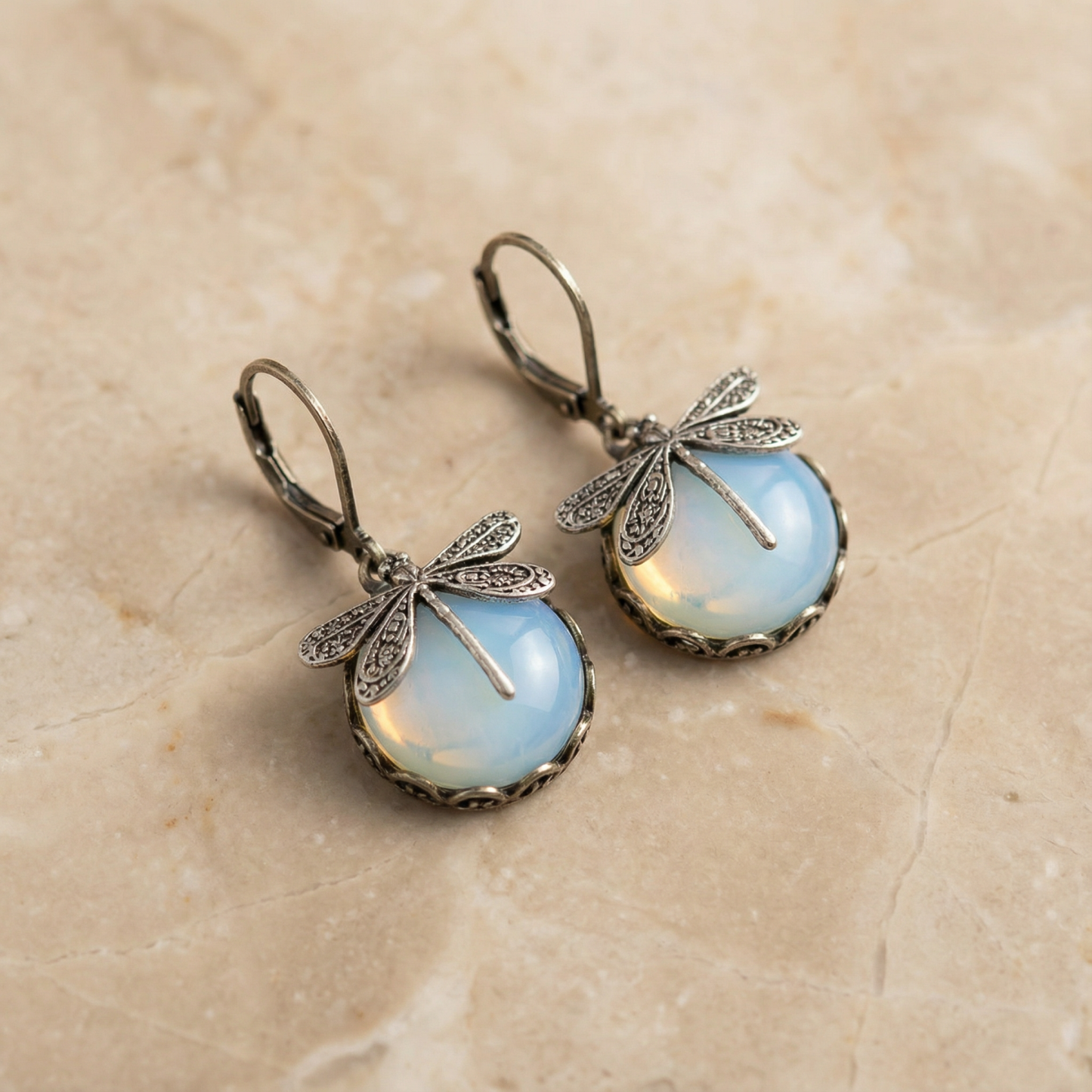 Spherical Dragonfly Earrings in Antique Gold