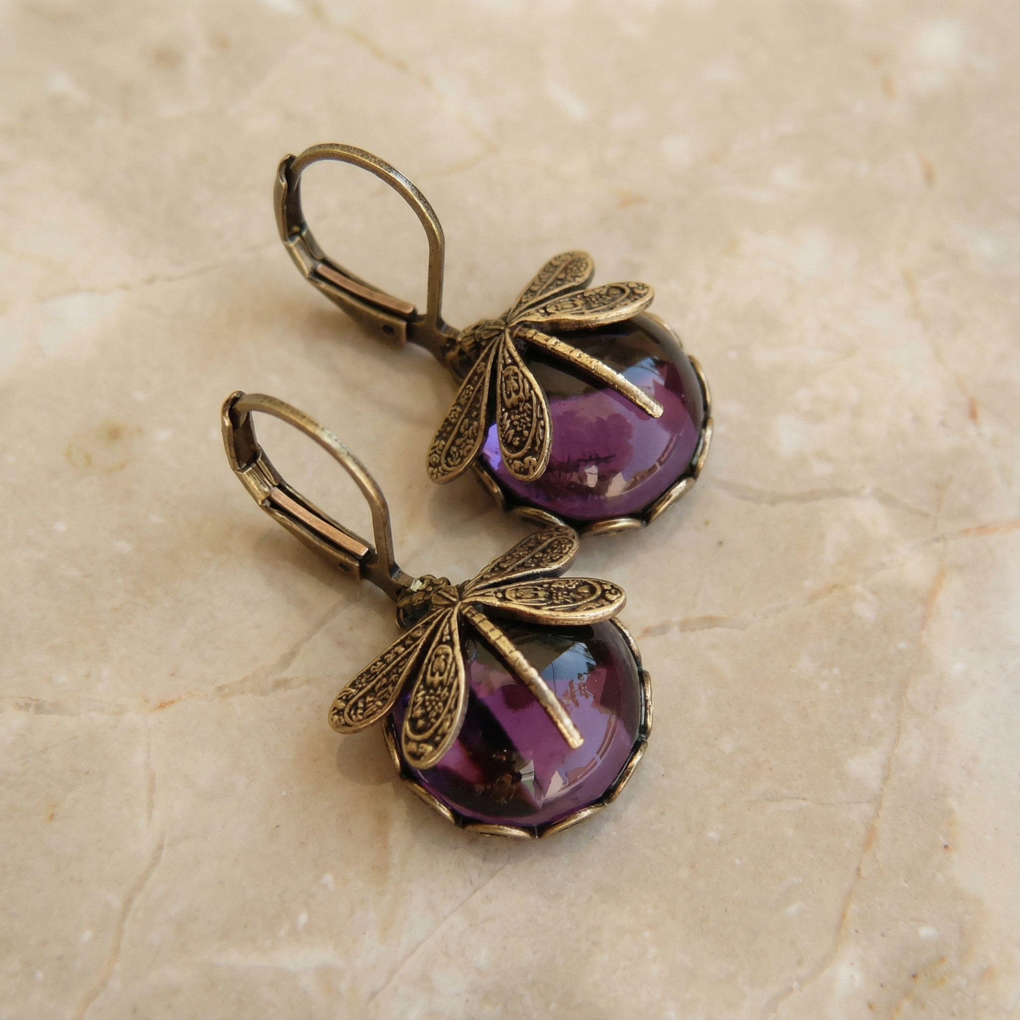 Spherical Dragonfly Earrings in Antique Gold