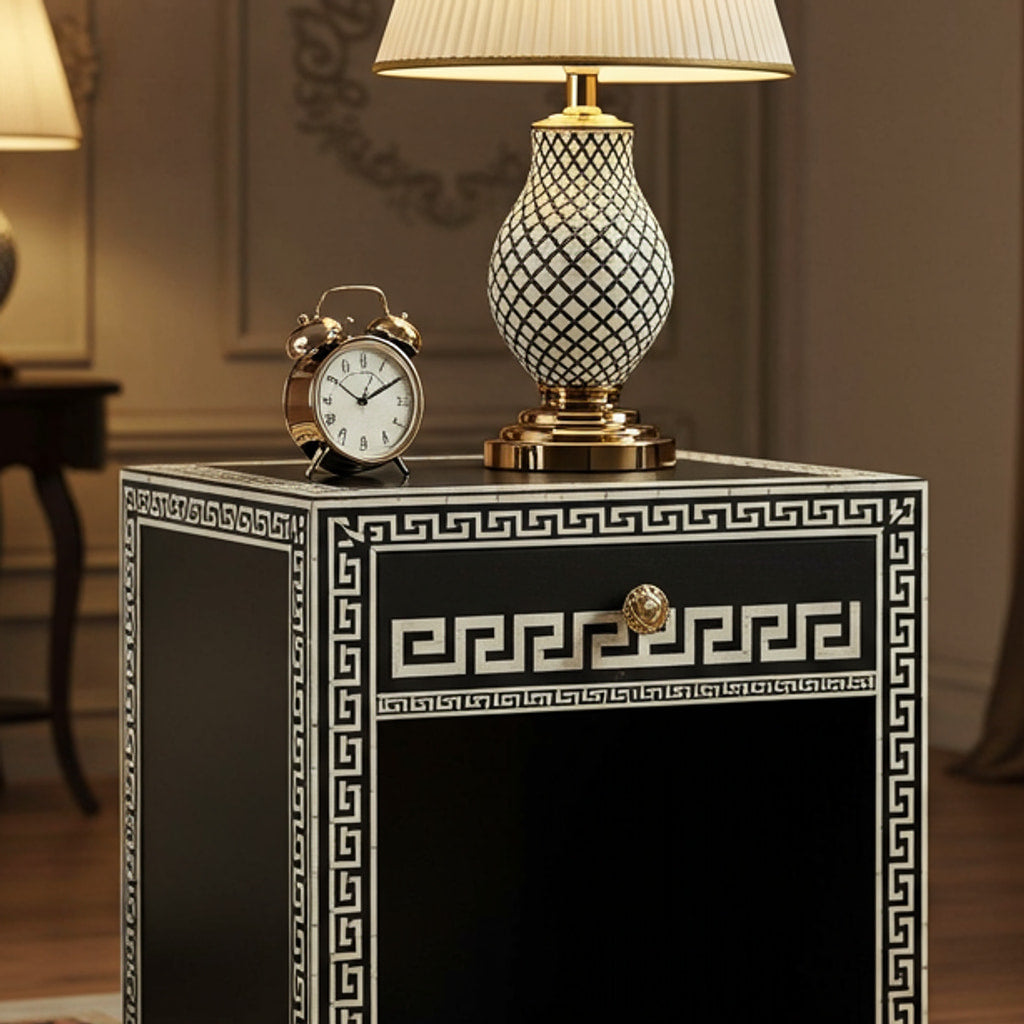 Black and Gold Decorative Nightstand with Drawer | Luxury Handmade Bedside Table
