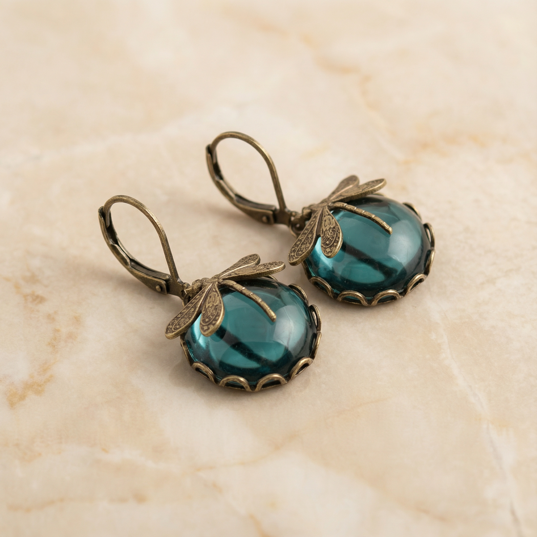 Spherical Dragonfly Earrings in Antique Gold