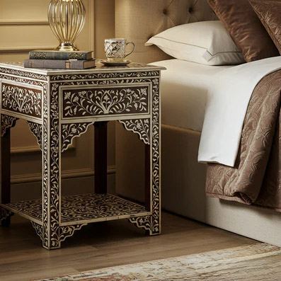 Intricately Carved Wood and Bone Inlay Side Table | Luxury Handmade Bedside Table