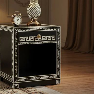 Black and Gold Decorative Nightstand with Drawer | Luxury Handmade Bedside Table