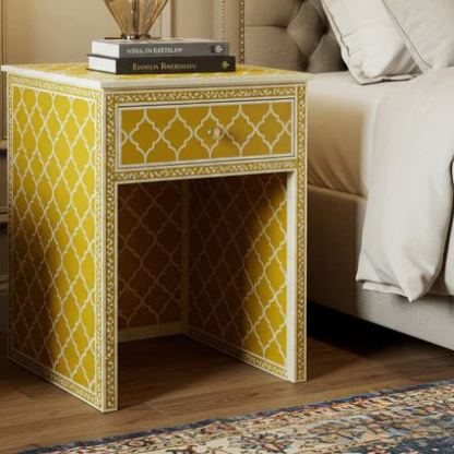 Yellow Patterned Bedside Table with Drawer | Luxury Handmade Bedside Table