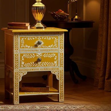 Vintage Yellow Hand-Painted Bedside Table with Two Drawers | Luxury Handmade Bedside Table