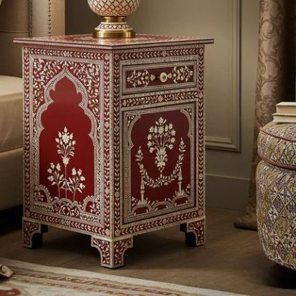 Vintage Red Floral Inlay Bedside Table | Luxury Handmade Bedside Table