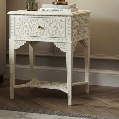 Vintage-Inspired White Bone Inlay Bedside Table | Luxury Handmade Bedside Table