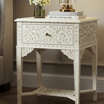 Vintage-Inspired White Bone Inlay Bedside Table | Luxury Handmade Bedside Table