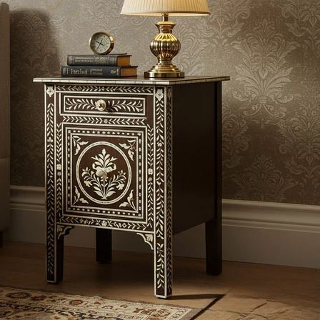Vintage Inlay Wood Nightstand with Floral Design | Luxury Handmade Bedside Table