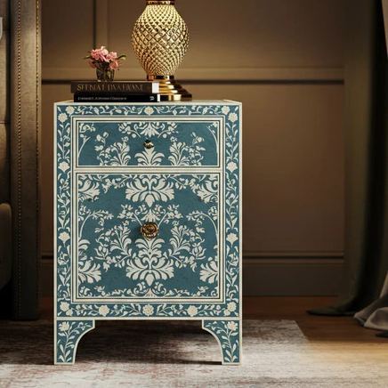 Vintage Floral Patterned Blue Nightstand | Luxury Handmade Bedside Table