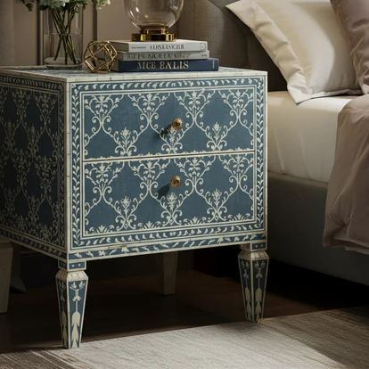Vintage Blue Patterned Two-Drawer Nightstand | Luxury Handmade Bedside Table