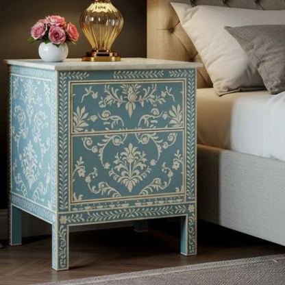 Vintage Blue Floral Pattern Bedside Table | Luxury Handmade Bedside Table