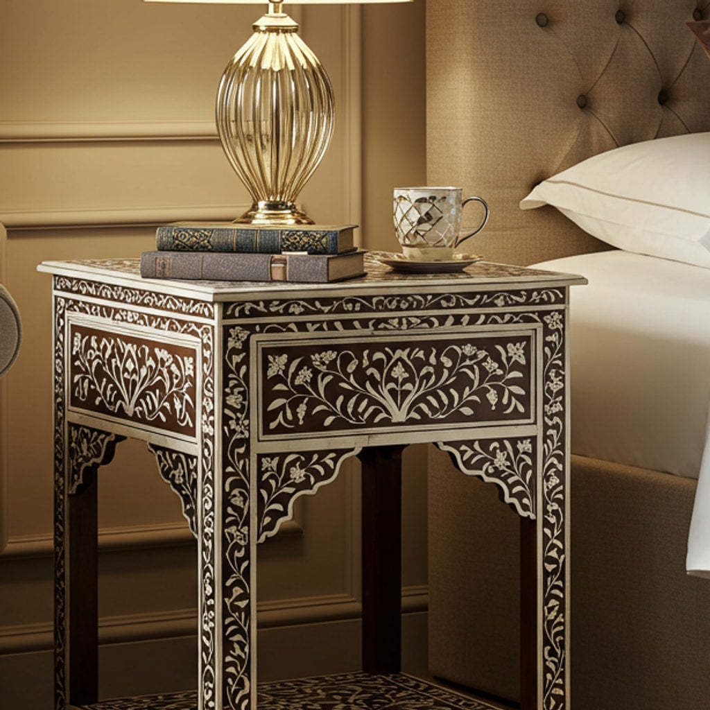 Intricately Carved Wood and Bone Inlay Side Table | Luxury Handmade Bedside Table
