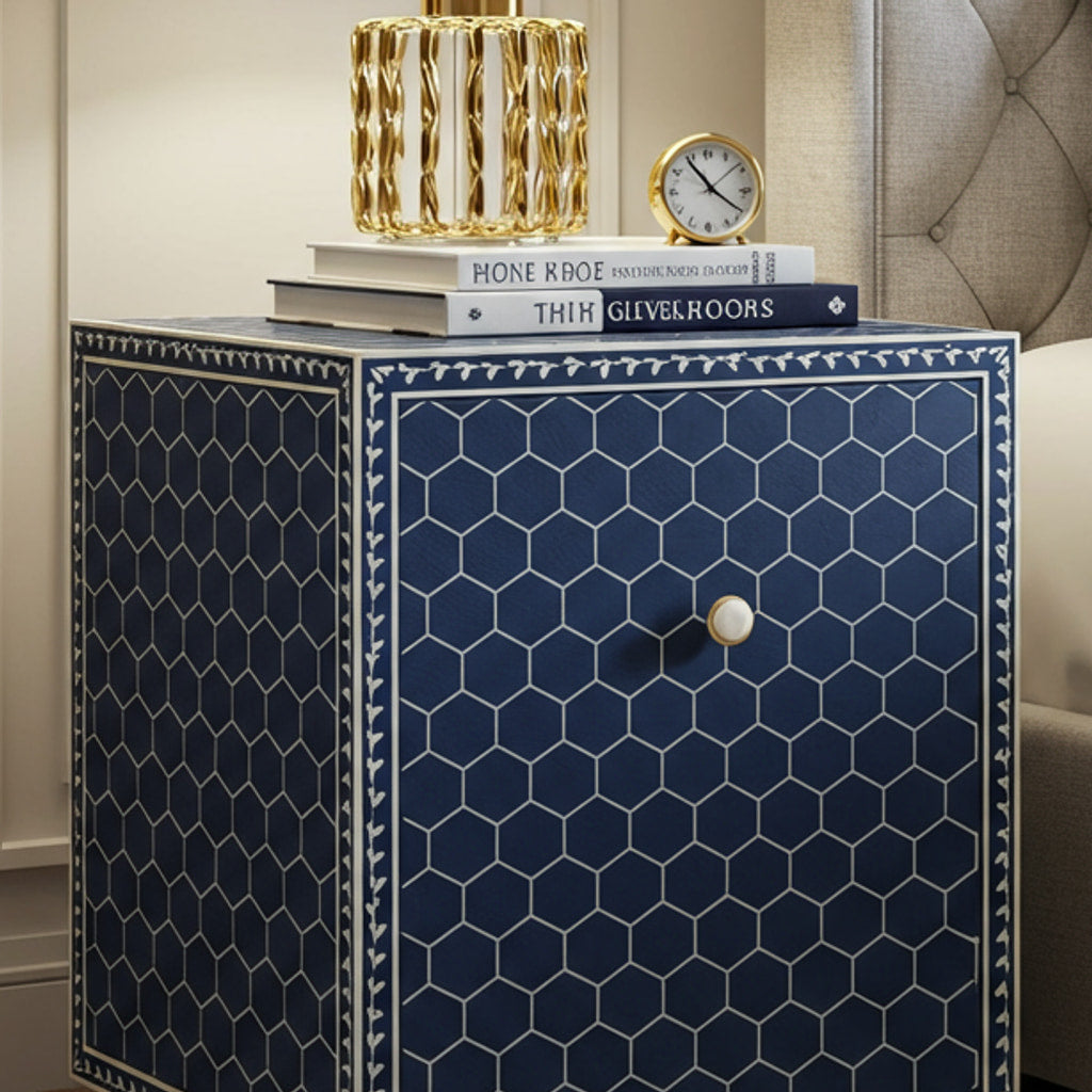 Navy Blue Geometric Pattern Nightstand | Luxury Handmade Bedside Table