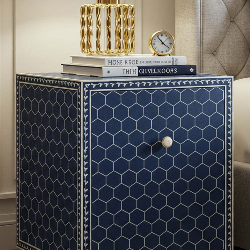 Navy Blue Geometric Pattern Nightstand | Luxury Handmade Bedside Table