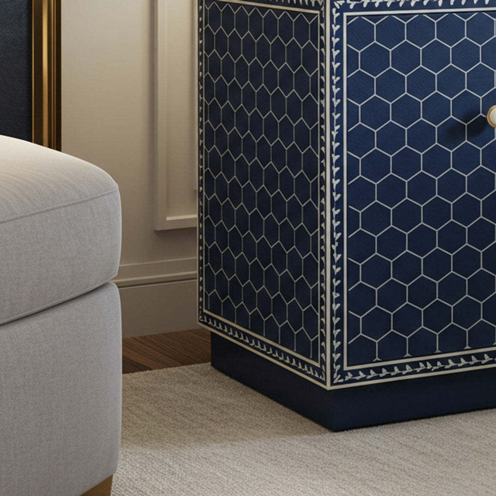 Navy Blue Geometric Pattern Nightstand | Luxury Handmade Bedside Table