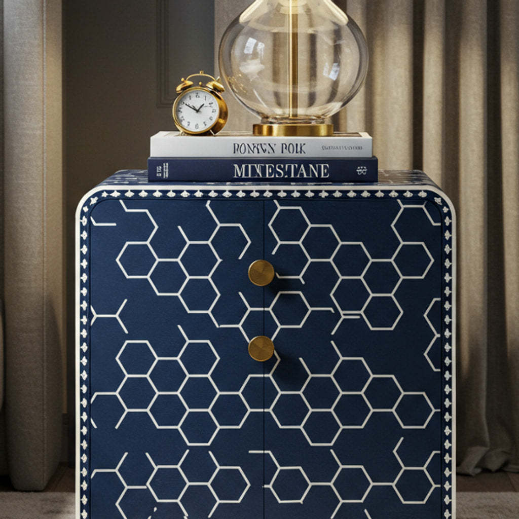 Navy Blue Geometric Patterned Nightstand | Luxury Handmade Bedside Table