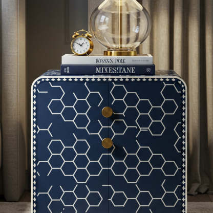 Navy Blue Geometric Patterned Nightstand | Luxury Handmade Bedside Table
