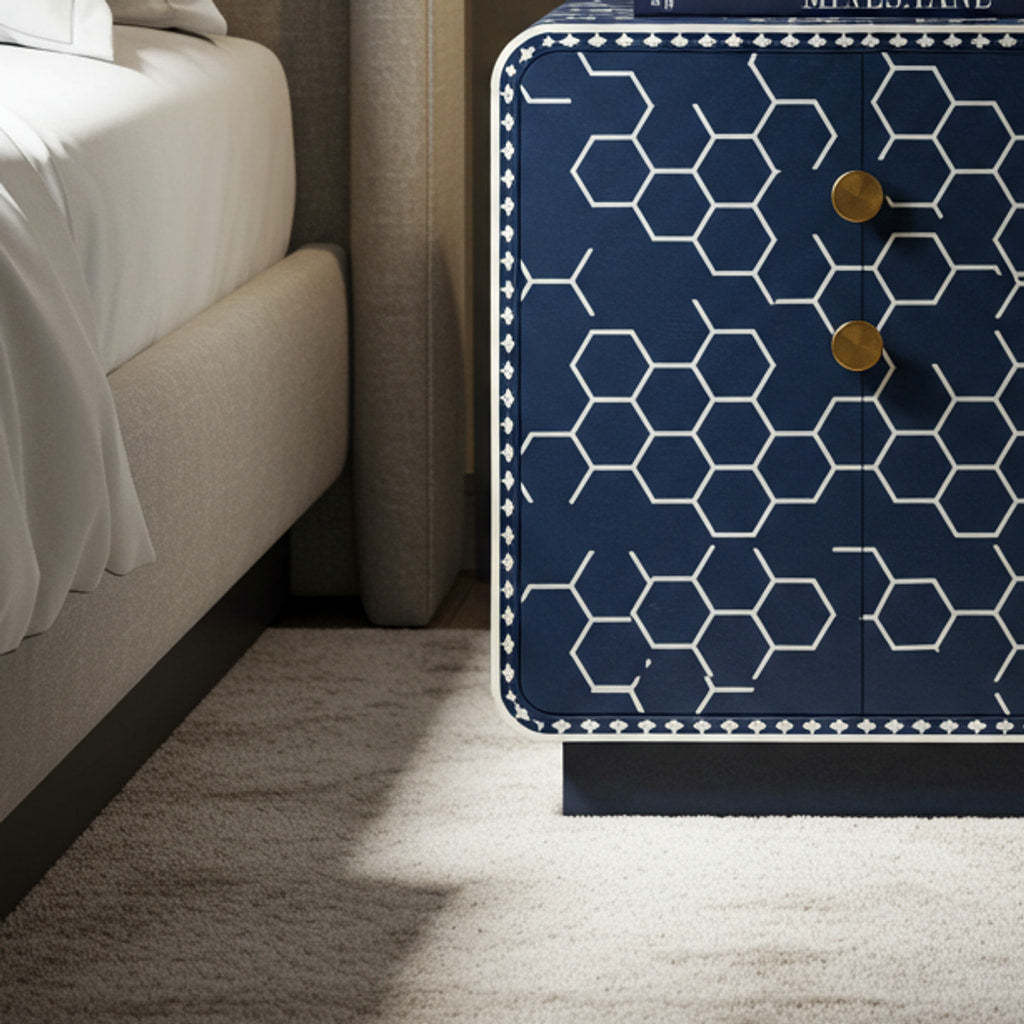 Navy Blue Geometric Patterned Nightstand | Luxury Handmade Bedside Table