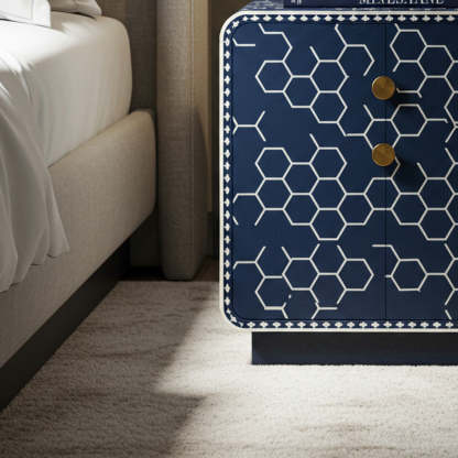 Navy Blue Geometric Patterned Nightstand | Luxury Handmade Bedside Table